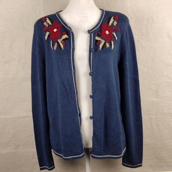 Christopher & Banks Hand Embroidered Poinsettia Blue Button Up Cardigan Sweater - Picture 13 of 13